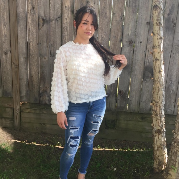 Crow Cloth Tops - Crow Cloth White Floral Applique Blouse